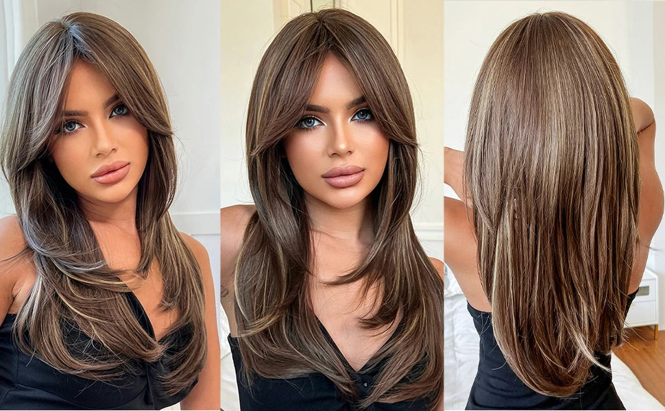 LOUIS FERRE Long Brown Layered Synthetic Wigs With Bangs Caramel Brown Straight Wig Mixed Blonde Highlights Heat Resistant Fibre
