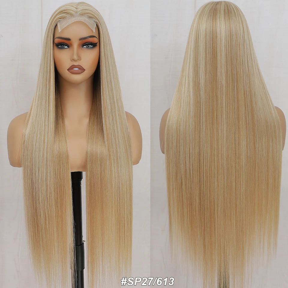 Magicae 330Grams 36Inch 4x4 Lace Front Wigs Chestnut Brown Wigs Ombre Highlight Straight Blond P27/613# High Temperature Cosplay