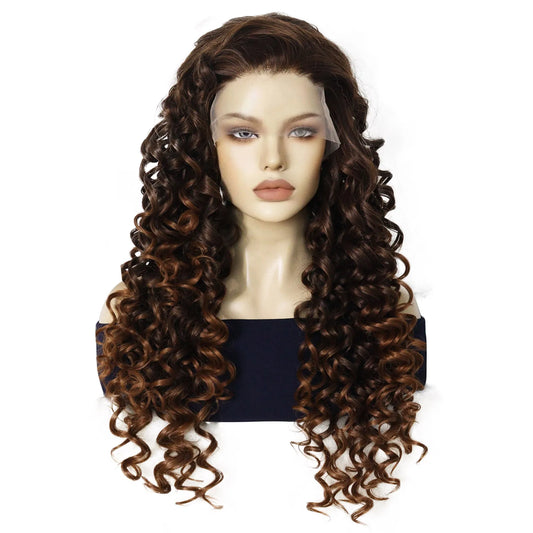 Synthetic 13*2 Lace Wig Brown Curly Hair 24 Inch Length Free Part Lace Front Wig for Fashionable Sexy Women