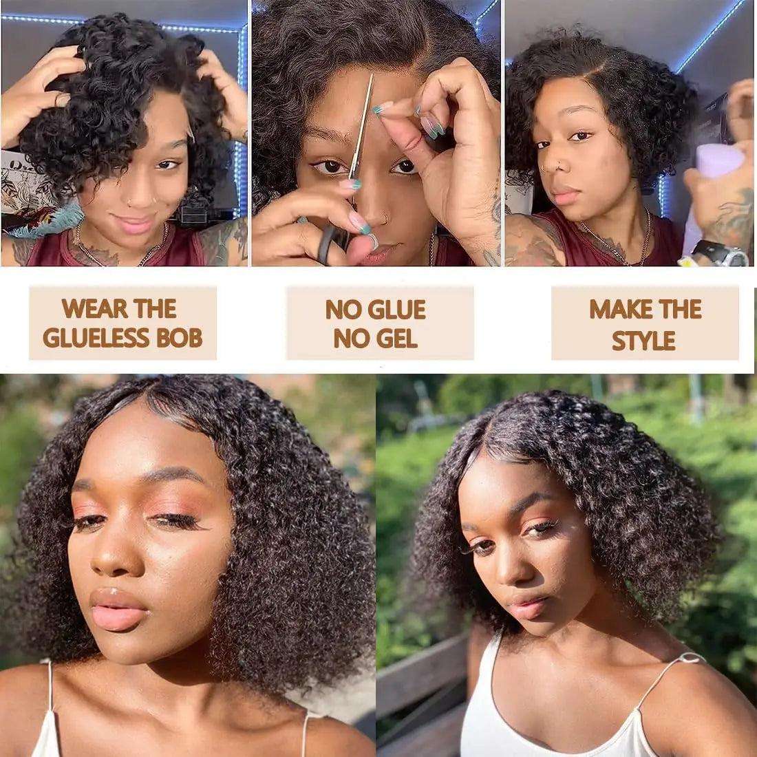 Short Bob Glueless Wigs Deep Wave Glueless Human Hair Ready To Wear 180% Pre Cut Lace 4x4 13x4 Culry Lace Front Human Hair Black