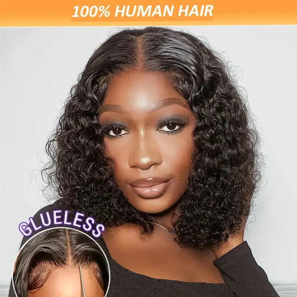 Short Bob Glueless Wigs Deep Wave Glueless Human Hair Ready To Wear 180% Pre Cut Lace 4x4 13x4 Culry Lace Front Human Hair Black