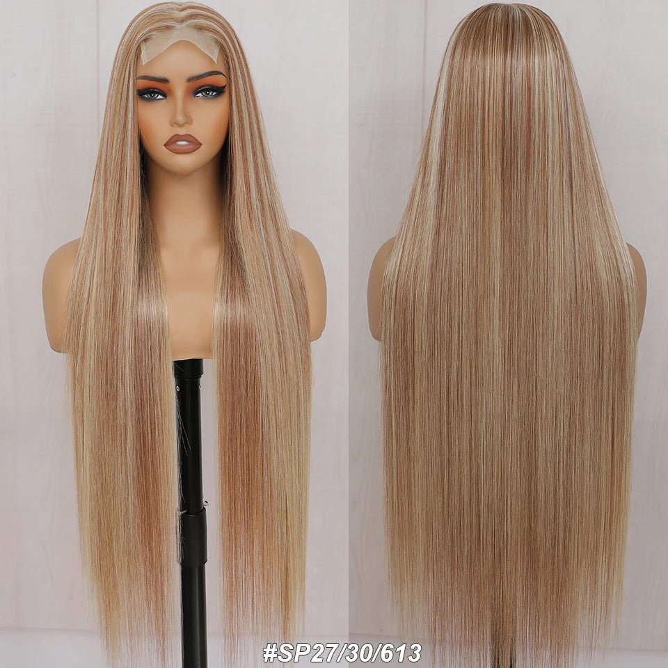 Magicae 330Grams 36Inch 4x4 Lace Front Wigs Chestnut Brown Wigs Ombre Highlight Straight Blond P27/613# High Temperature Cosplay