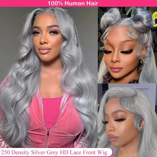 250 Density Silver Grey Human Hair Wigs Preplucked Grely 13X4 HD Transparent Lace Front Wig 613 Blonde Colored Lace Frontal Wig