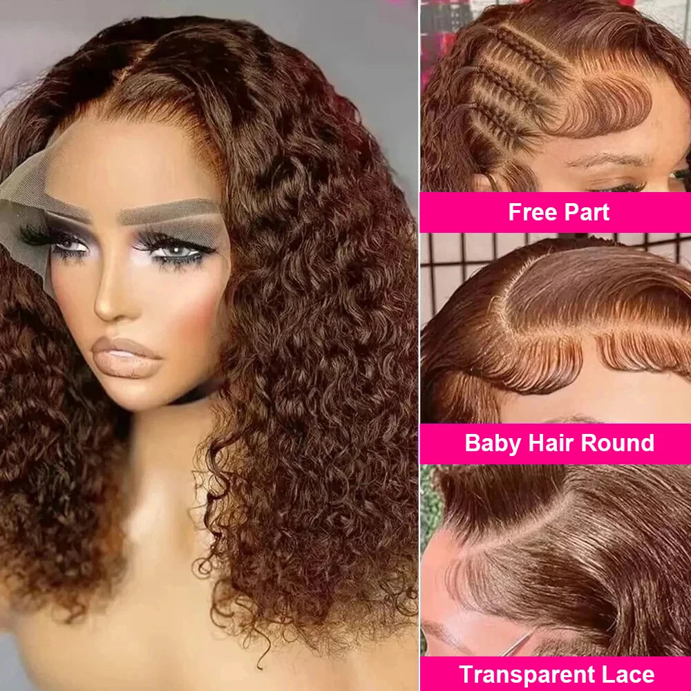 Brown #4 Colored Curly Short Bob Wig 13x4 Bob Wigs Brazilian Water Deep Wave Human Hair Wig Preplucked For Woman Short Pixie Cut