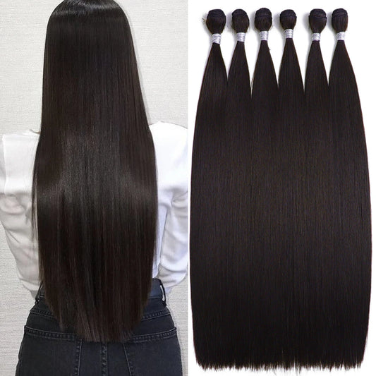 Synthetic Dark Brown Bundles Straight Hair Extensions Bundles Hair 22/26/30 Inches for Women Long Weave Hair Gold Heat Resistant