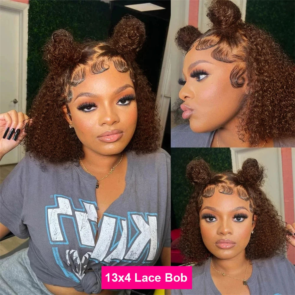 Brown #4 Colored Curly Short Bob Wig 13x4 Bob Wigs Brazilian Water Deep Wave Human Hair Wig Preplucked For Woman Short Pixie Cut