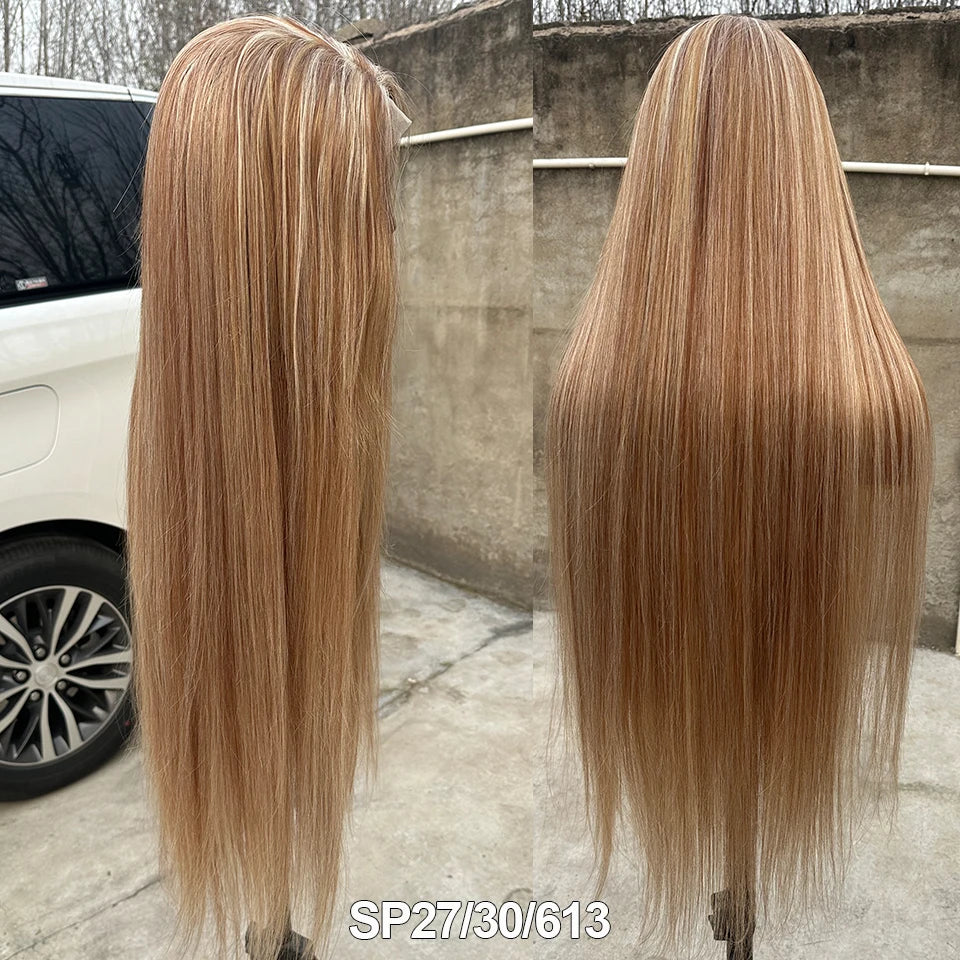 Magicae 330Grams 36Inch 4x4 Lace Front Wigs Chestnut Brown Wigs Ombre Highlight Straight Blond P27/613# High Temperature Cosplay