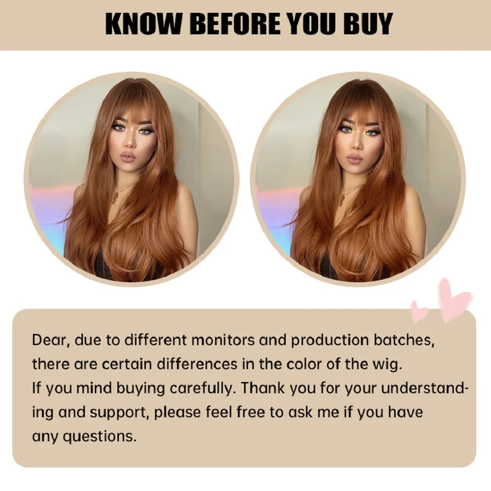 GEMMA Red Brown Copper Ginger Long Straight Synthetic Wigs for Women Natural Wave Wigs with Bangs Heat Resistant Cosplay Hair