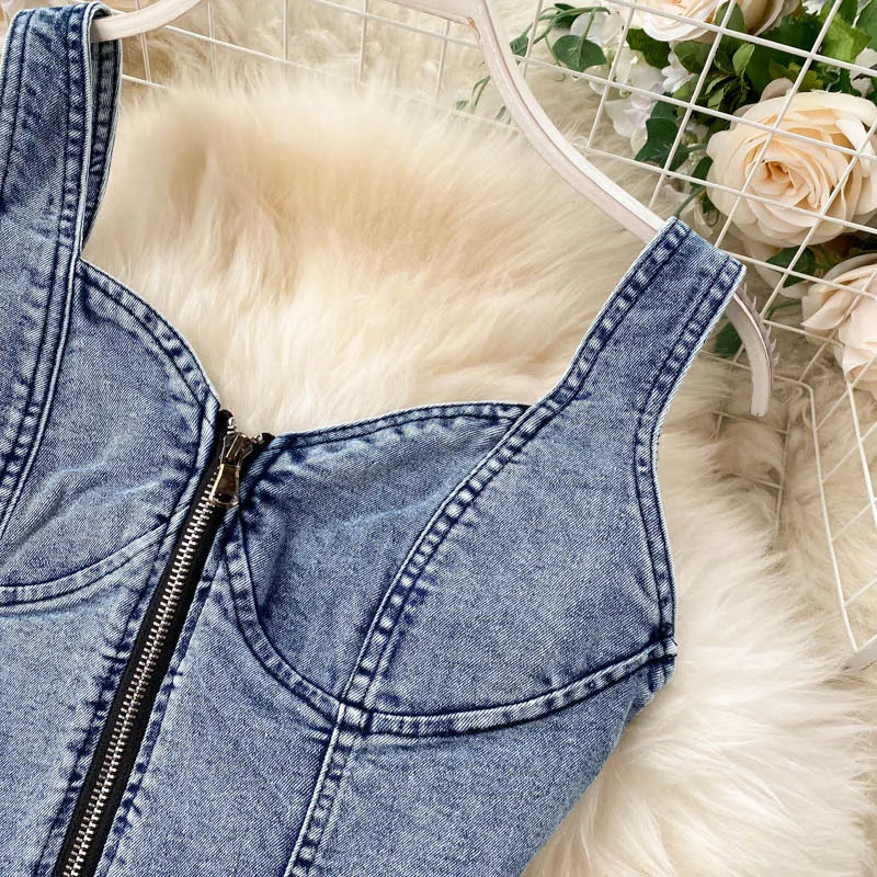 Amolapha Women Jeans Vest+Skirts Sets Straps Tops Buttons Denim Skirt Suits for Woman