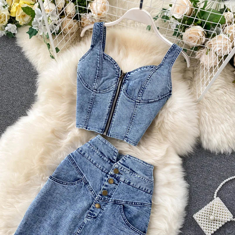 Amolapha Women Jeans Vest+Skirts Sets Straps Tops Buttons Denim Skirt Suits for Woman