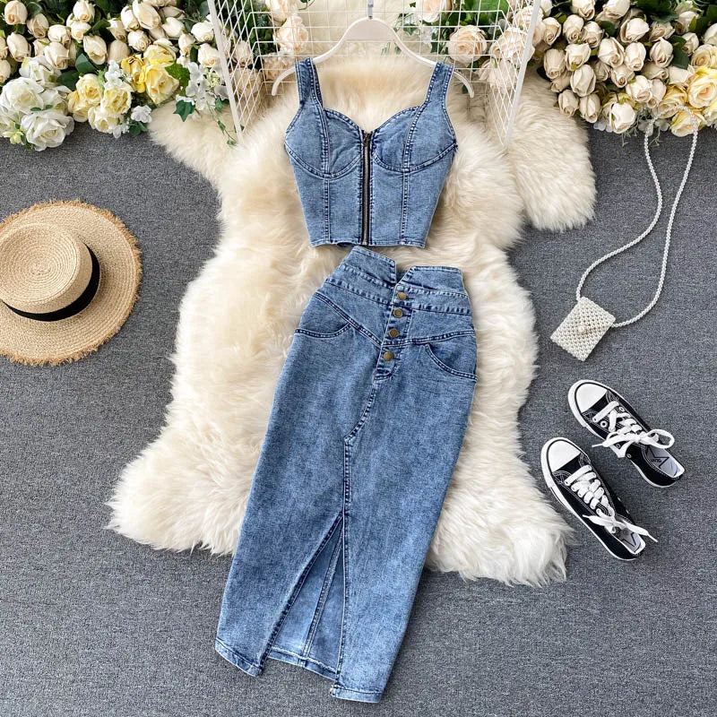 Amolapha Women Jeans Vest+Skirts Sets Straps Tops Buttons Denim Skirt Suits for Woman
