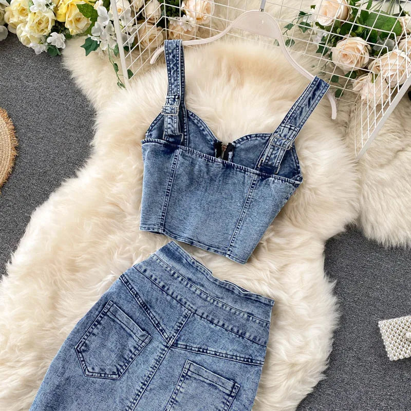 Amolapha Women Jeans Vest+Skirts Sets Straps Tops Buttons Denim Skirt Suits for Woman