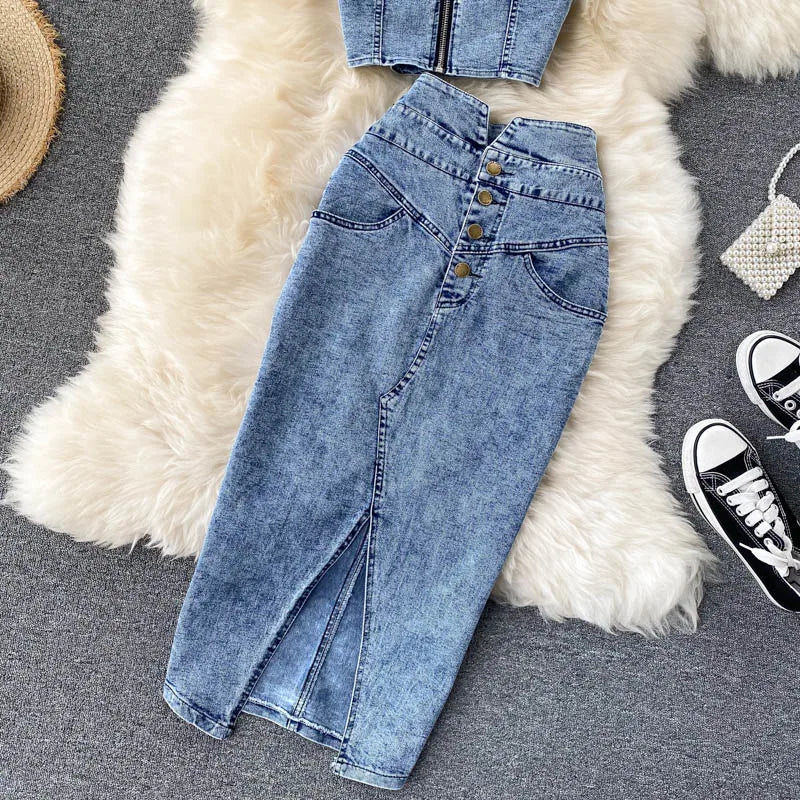 Amolapha Women Jeans Vest+Skirts Sets Straps Tops Buttons Denim Skirt Suits for Woman