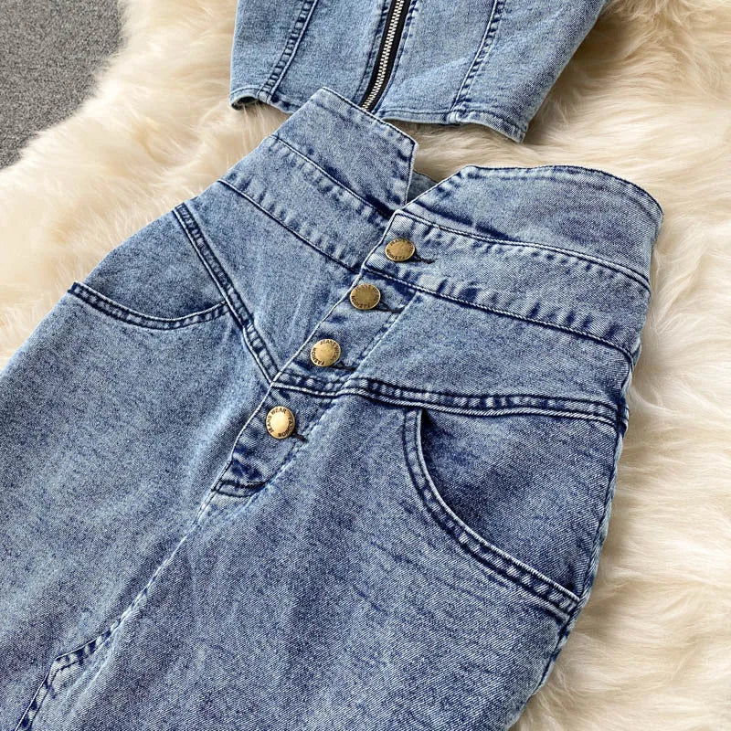 Amolapha Women Jeans Vest+Skirts Sets Straps Tops Buttons Denim Skirt Suits for Woman