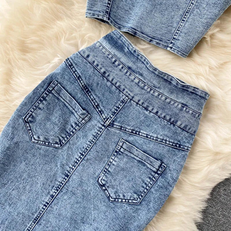 Amolapha Women Jeans Vest+Skirts Sets Straps Tops Buttons Denim Skirt Suits for Woman