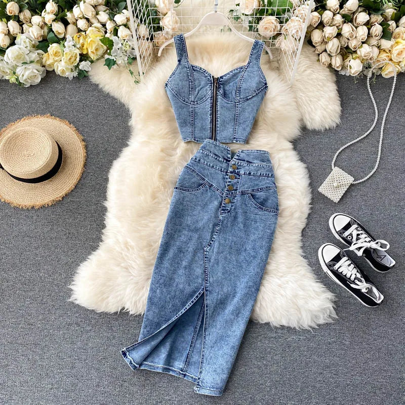 Amolapha Women Jeans Vest+Skirts Sets Straps Tops Buttons Denim Skirt Suits for Woman
