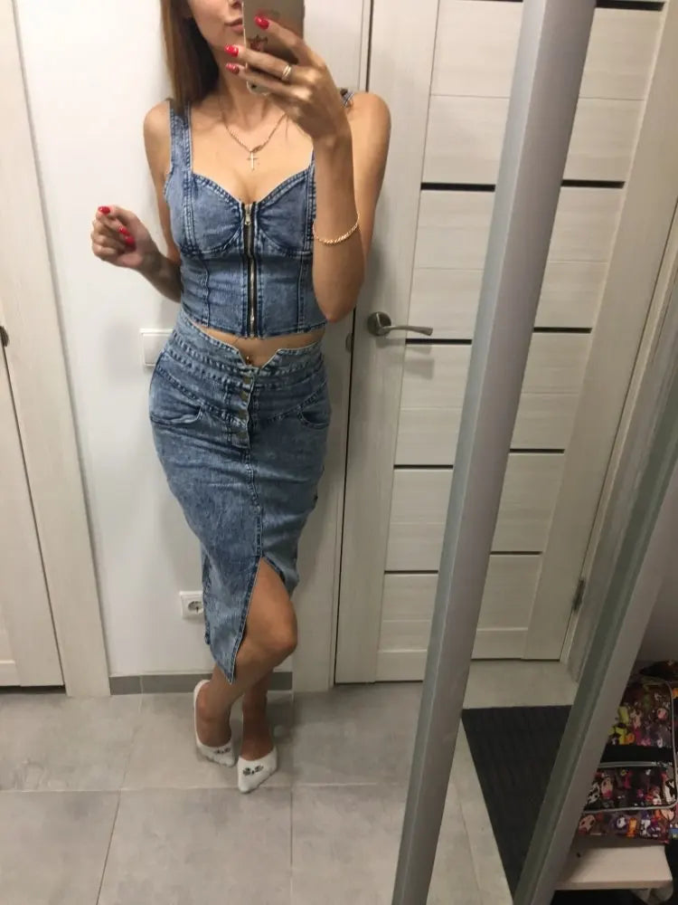 Amolapha Women Jeans Vest+Skirts Sets Straps Tops Buttons Denim Skirt Suits for Woman