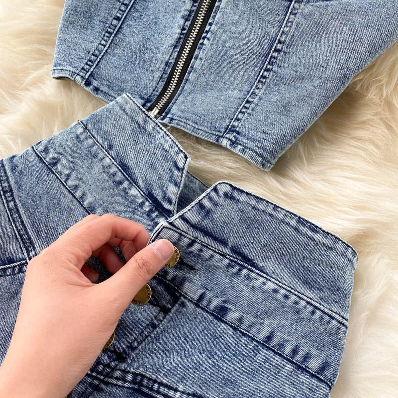 Amolapha Women Jeans Vest+Skirts Sets Straps Tops Buttons Denim Skirt Suits for Woman