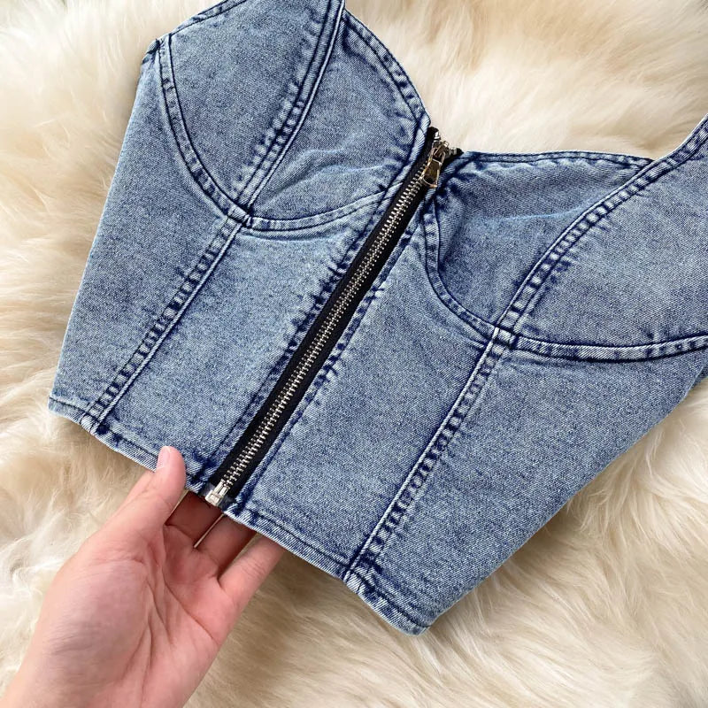 Amolapha Women Jeans Vest+Skirts Sets Straps Tops Buttons Denim Skirt Suits for Woman