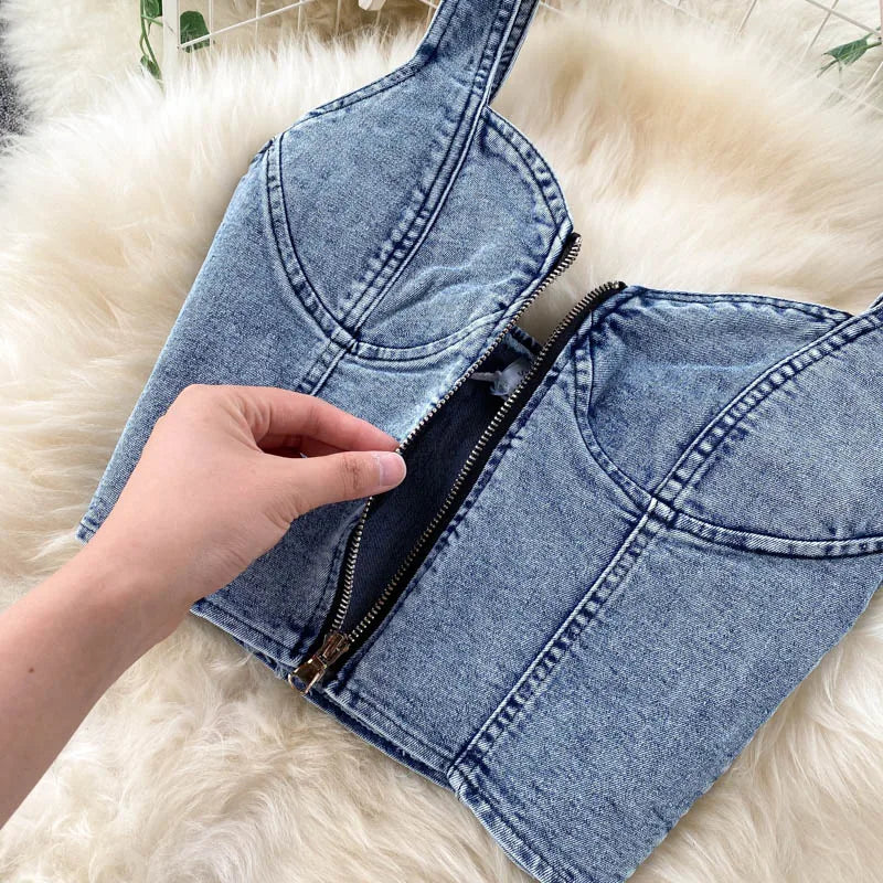 Amolapha Women Jeans Vest+Skirts Sets Straps Tops Buttons Denim Skirt Suits for Woman