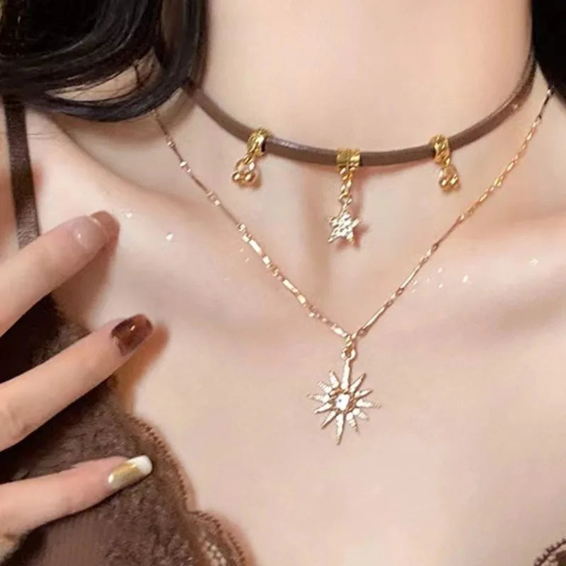 Sun Star Zircon Necklace for Women Vintage Leather Necklace Double Layered Pendant Chain Choker Fashion Jewelry