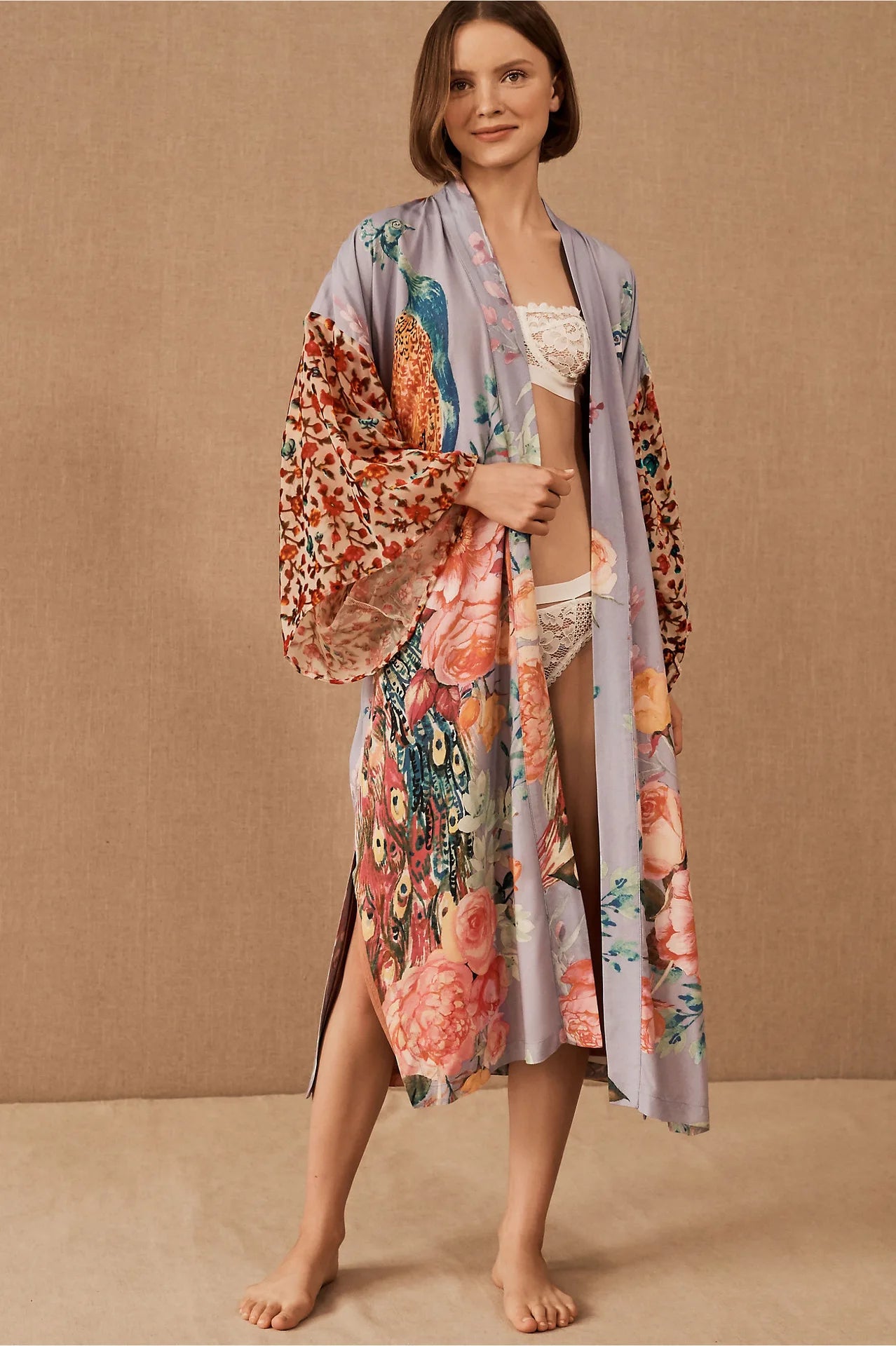 Beach Kimono for Women Peocock Printed Swimsuit Cover Up Self Belted Wrap Dresses Seaside Bathing Suits Beachwear