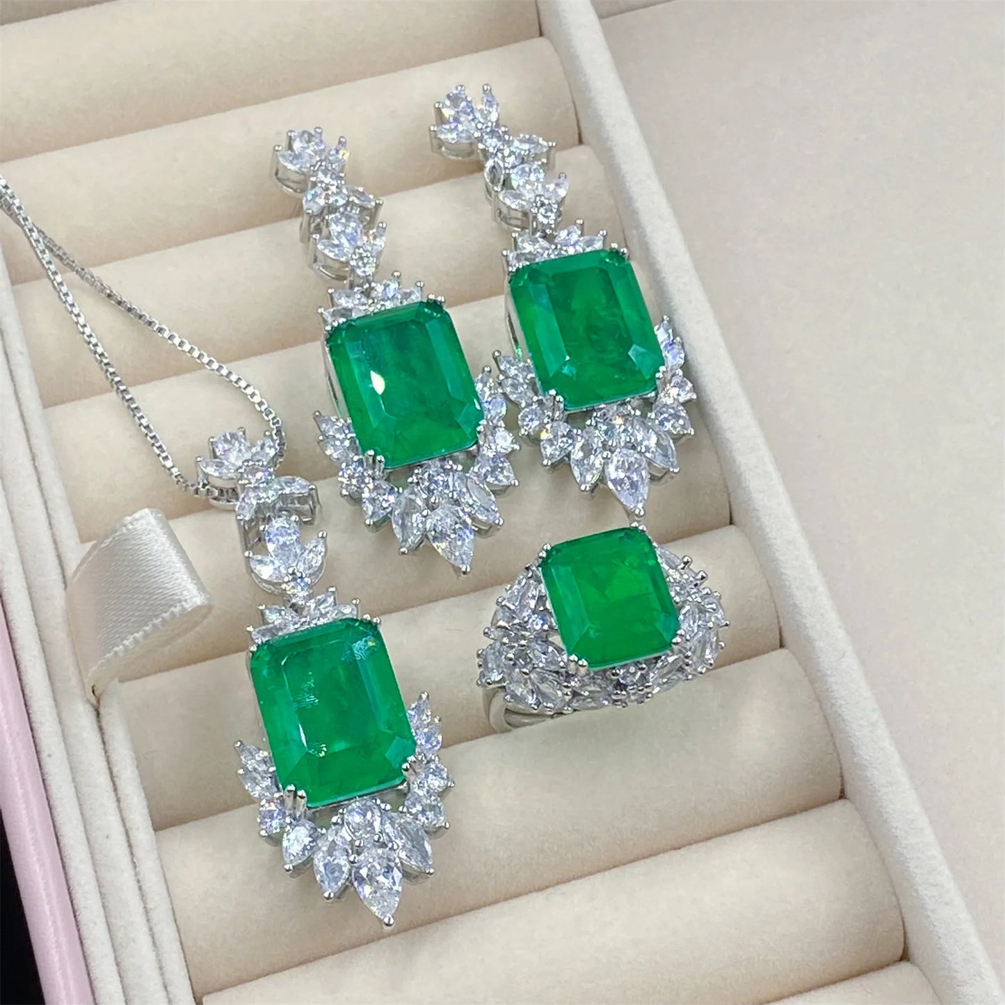 Valuable Lab Jade Diamond Jewelry set 925 Sterling Silver Engagement Wedding Rings Earrings Necklace For Women Bridal Party Gift