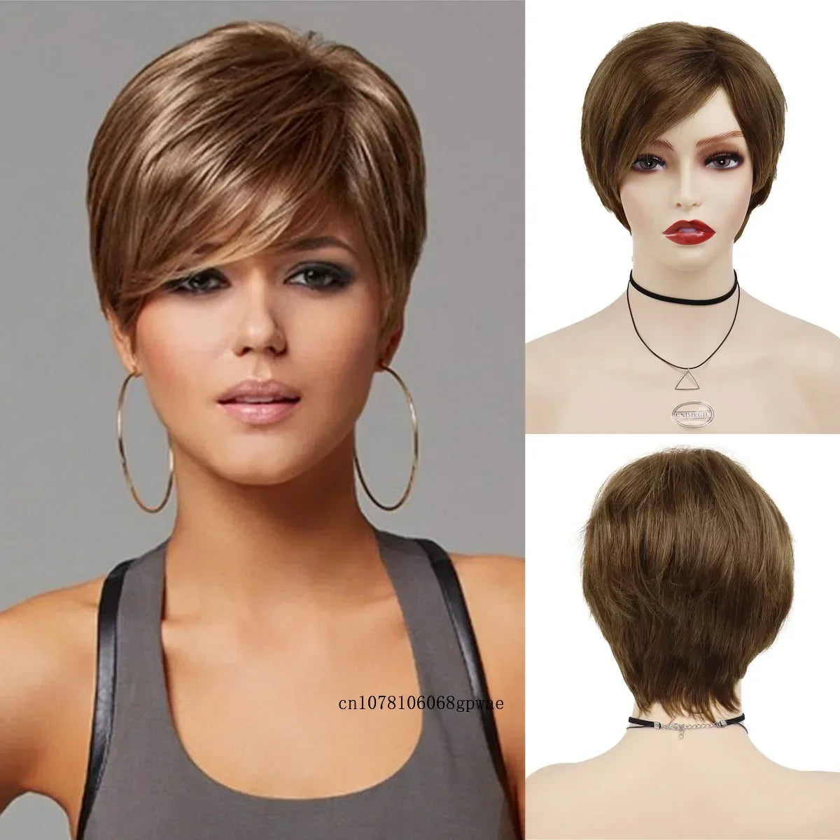 Short Pixie Cut Wig for Women Natural Haircut Brown Mix Blonde Wig with Bangs Daily Cosplay Halloween Party Casual Ladies Wigs
