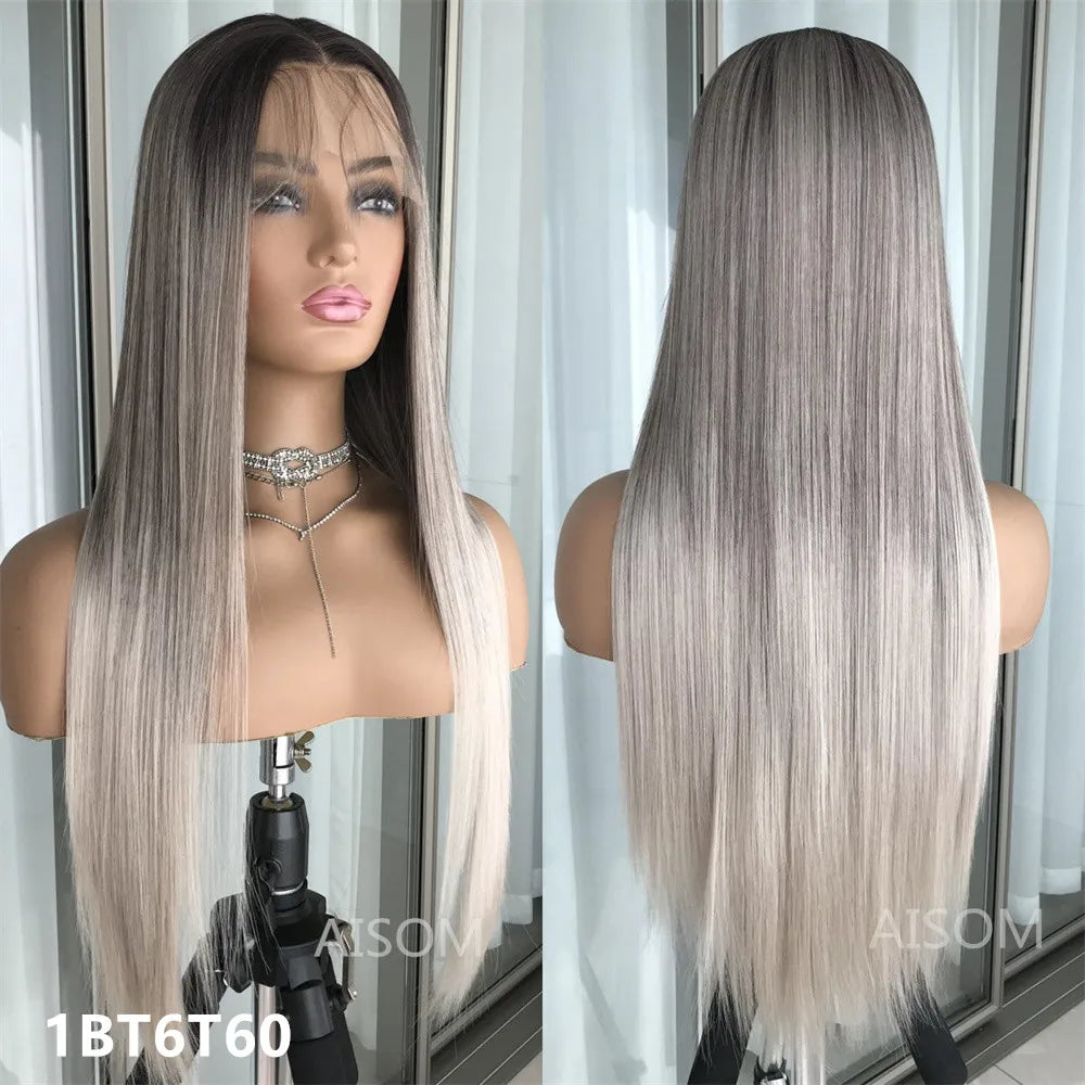 Highlight Blonde Platinum Straight Lace Front Wig Synthetic Hair for Women 13x4” Lace Frontal Wig Pre Plucked Blonde Colored Wig