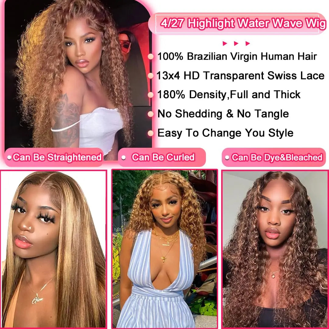 30 Inch Deep Wave P4/27 Highlight 13x4 HD Transparent Lace Front Wigs Ombre Human Hair Wet and Wavy Curly Lace Frontal Wigs 4/27