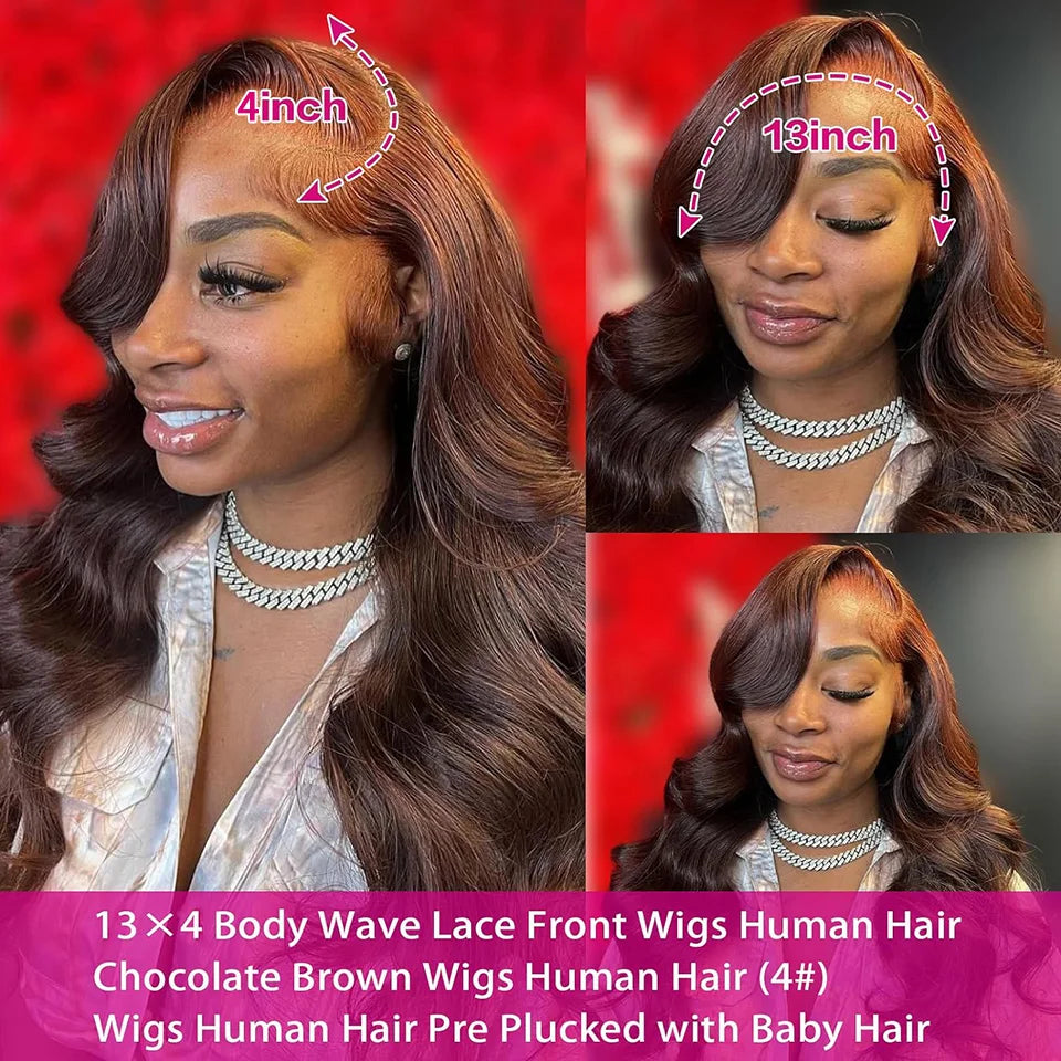 Rosabeauty Brazilian Chocolate Brown Body Wave Lace Front Human Hair Wigs 36 38 40 Inch Brown 13x6 HD Lace Frontal Wig For Women