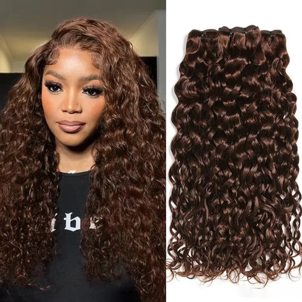 #4 Chocolate Brown Water Wave Curly 10-30 Inch Human Hair Bundles Deep Curly Wave Brazilian Virgin Raw Hair Sew-In Bundles