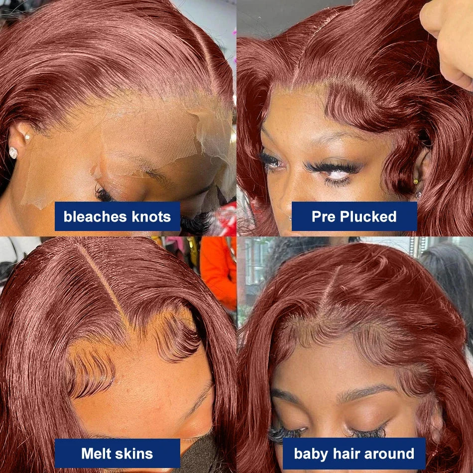 Reddish Brown Body Wave Lace Front Wigs 100% Human Hair 13x6 Lace Frontal Wig Brazilian Pre Plucked 13x4 Dark Red Brown Full Wig