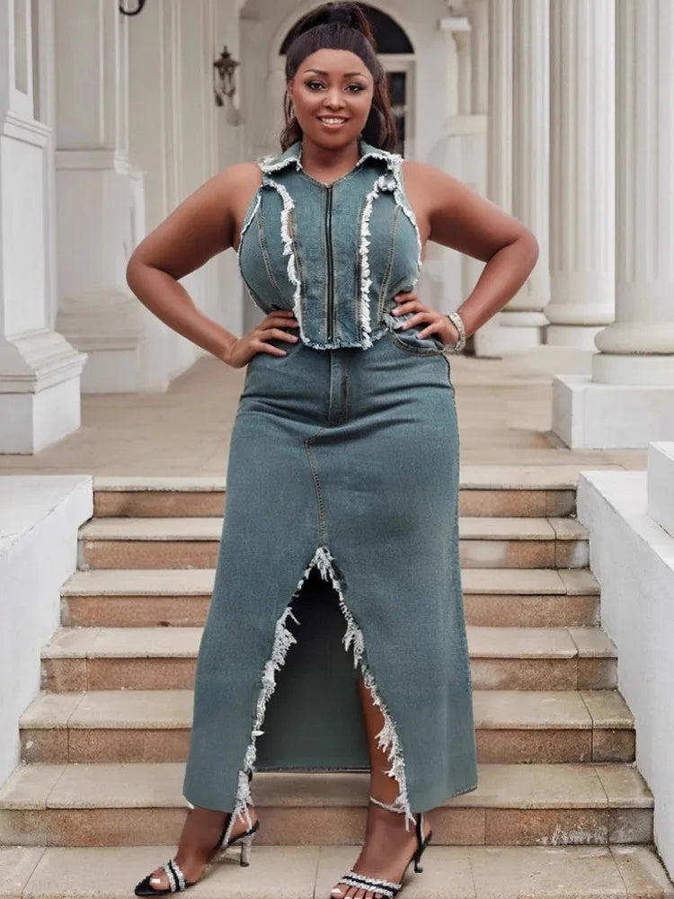Two Piece Set Plus Size Clothes Summer Autumn V-Neck Sleeveless Denim Top And Maxi Skirt Women Sets Streetwear Office Lady Suit