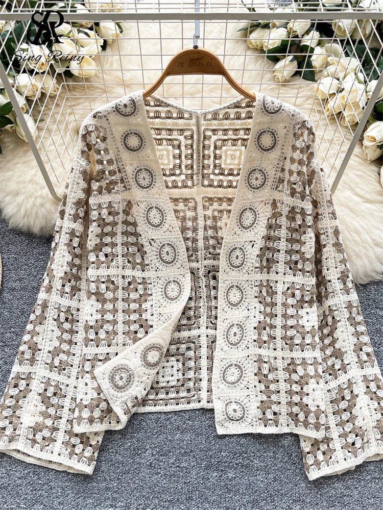 SINGREINY Vintage Boho Loose Plaid Cardigans Female Long Sleeves Hook Flower Hollow Tops 2025 Vacation Sunscreen Casual Shirt