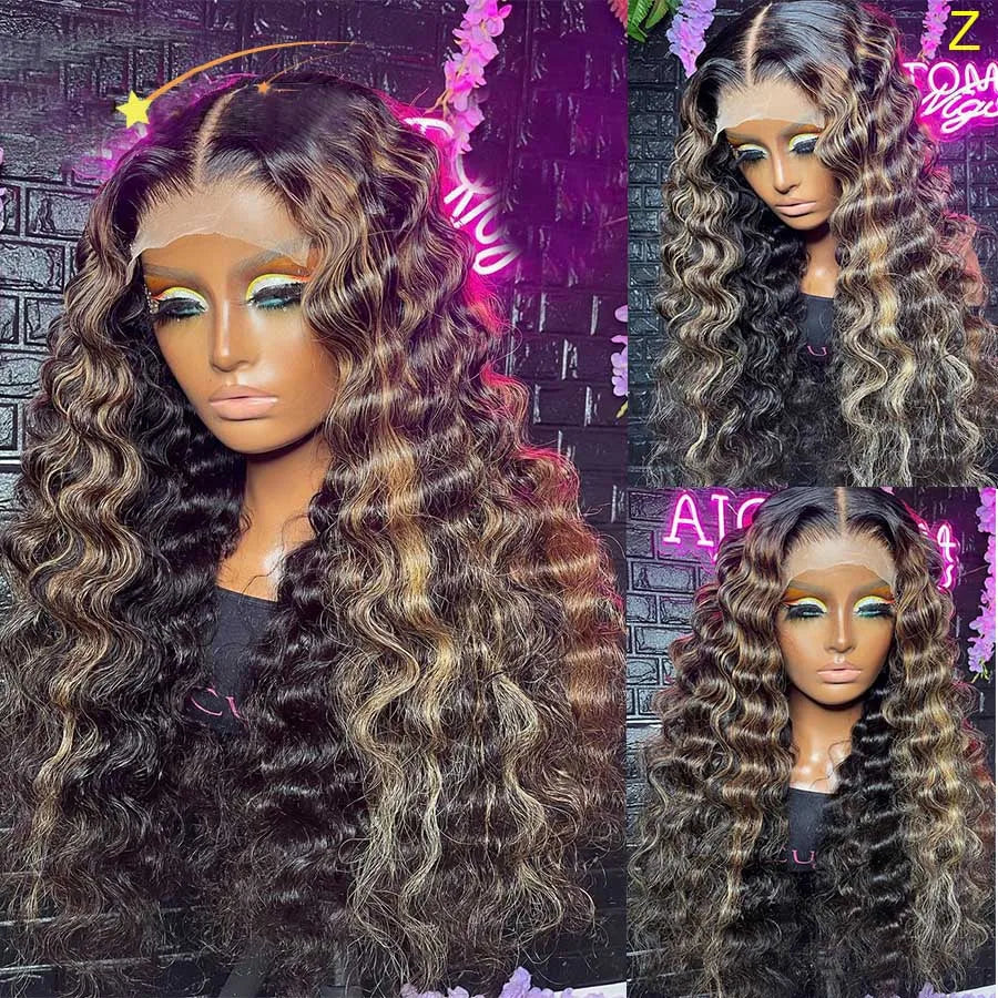 1B/27 Highlight Loose Deep Wave 13x6 Hd Lace Front Wig Brazilian Human Hair 200 High Density Ombre blonde Human Hair Curly Wigs