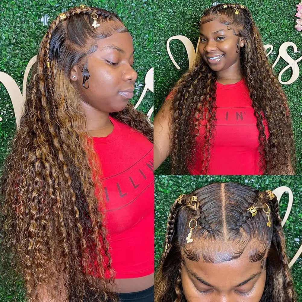 30 Inch Deep Wave P4/27 Highlight 13x4 HD Transparent Lace Front Wigs Ombre Human Hair Wet and Wavy Curly Lace Frontal Wigs 4/27