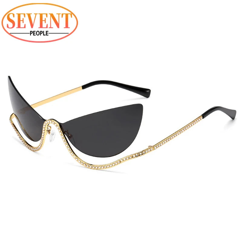 Sexy Cat Eye Rhinestone Rimless Sunglasses Women 2025 Luxury Brand Retro Metal Frame Punk Sun Glasses For Ladies Trendy Shades