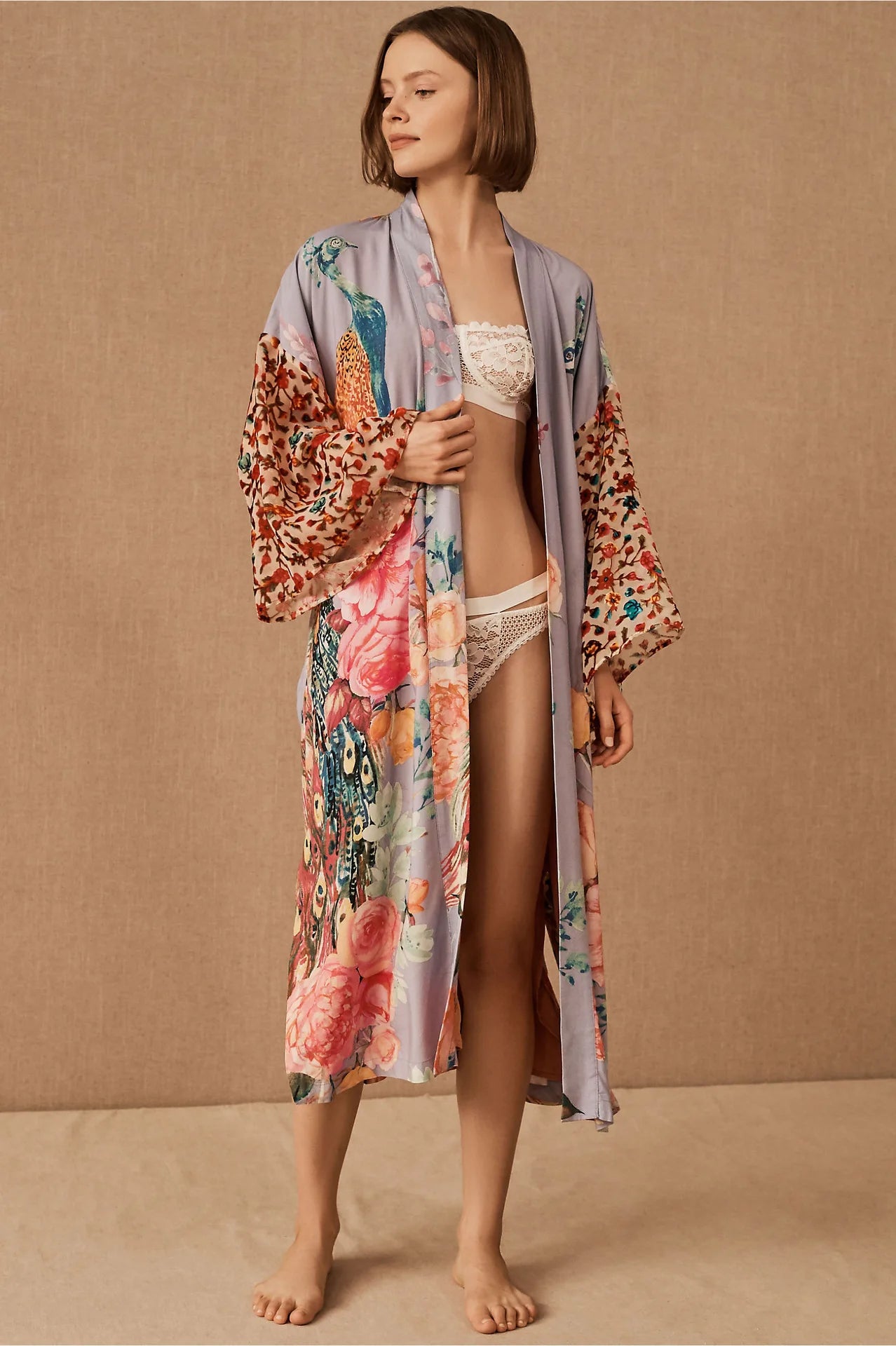 Beach Kimono for Women Peocock Printed Swimsuit Cover Up Self Belted Wrap Dresses Seaside Bathing Suits Beachwear