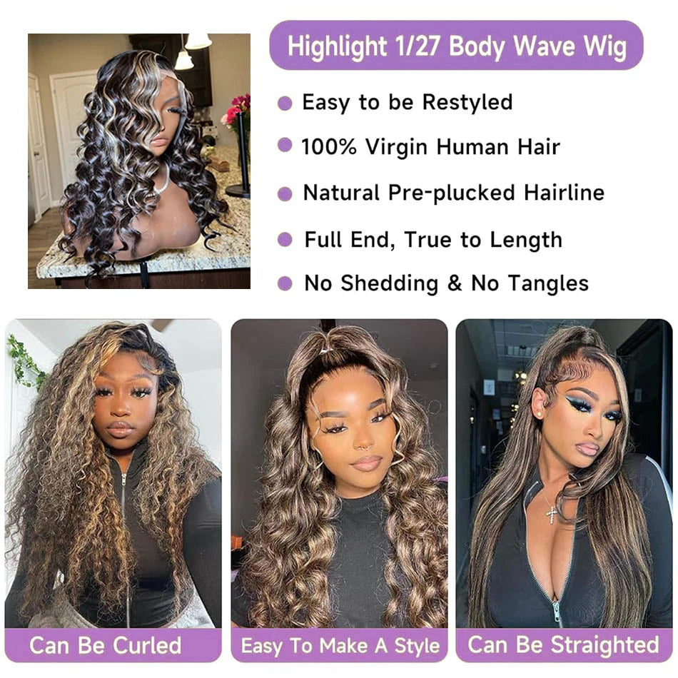 1B/27 Highlight Loose Deep Wave 13x6 Hd Lace Front Wig Brazilian Human Hair 200 High Density Ombre blonde Human Hair Curly Wigs