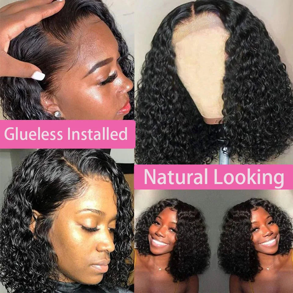 Short Bob Glueless Wigs Deep Wave Glueless Human Hair Ready To Wear 180% Pre Cut Lace 4x4 13x4 Culry Lace Front Human Hair Black