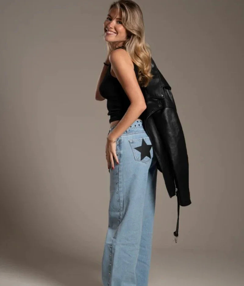 New Fashion Retro Rivet Star Print Baggy Straight Blue Jeans Y2K Women's Simple Classic Wide-leg Jeans Hip-hop Harajuku Jeans