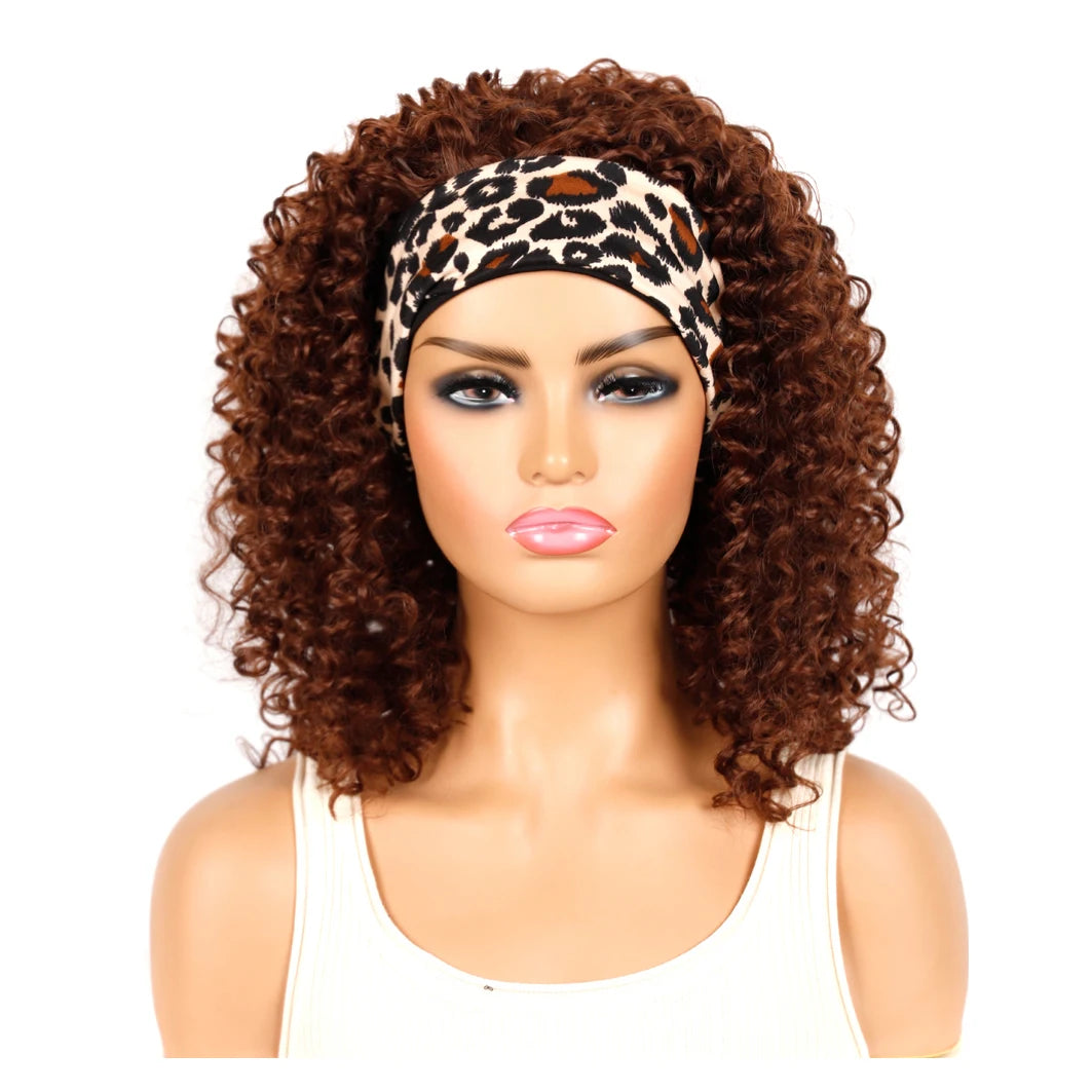 18 Inch Kinky Curly Headband Wig Ombre Afro Curly Wig with Scarf Natural Synthetic Fluffy Curly Turban Wigs for Women Cosplay