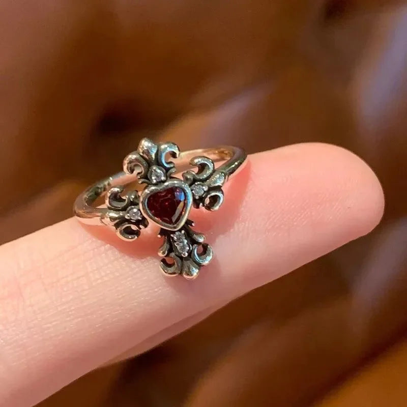 LATS Vintage Gothic Red Crystal Cross Geometry Open Rings for Women Y2k Punk Creative Grunge Jewelry Accessories Gift