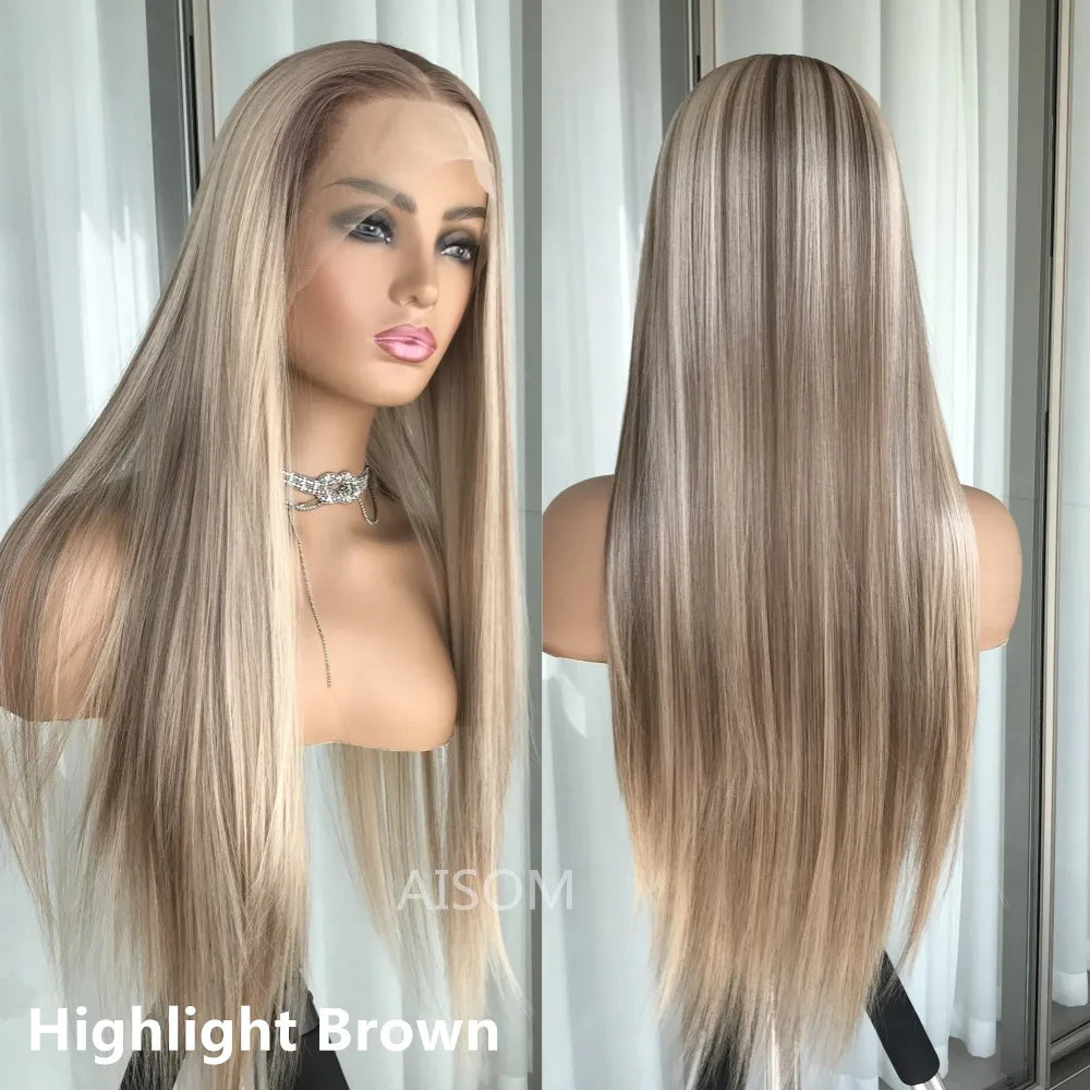 Highlight Blonde Platinum Straight Lace Front Wig Synthetic Hair for Women 13x4” Lace Frontal Wig Pre Plucked Blonde Colored Wig