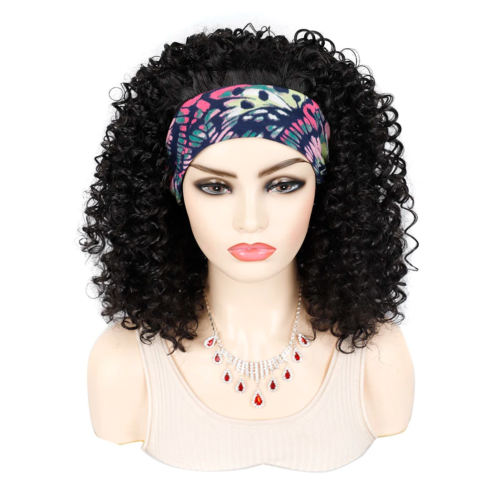 18 Inch Kinky Curly Headband Wig Ombre Afro Curly Wig with Scarf Natural Synthetic Fluffy Curly Turban Wigs for Women Cosplay