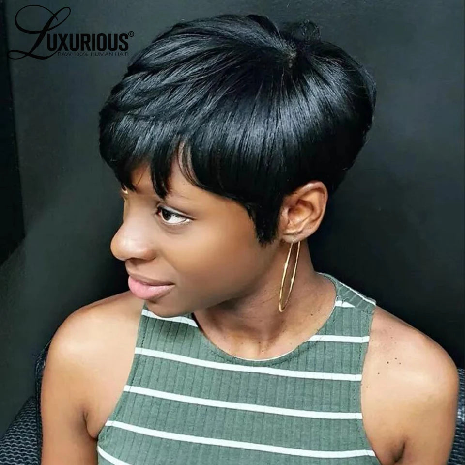 Short Bob Straight Human Hair Wig With Bangs Full Machine Made Long Pixie Cut Wig Glueless 150% Wave Wear And Go Wigs For Women