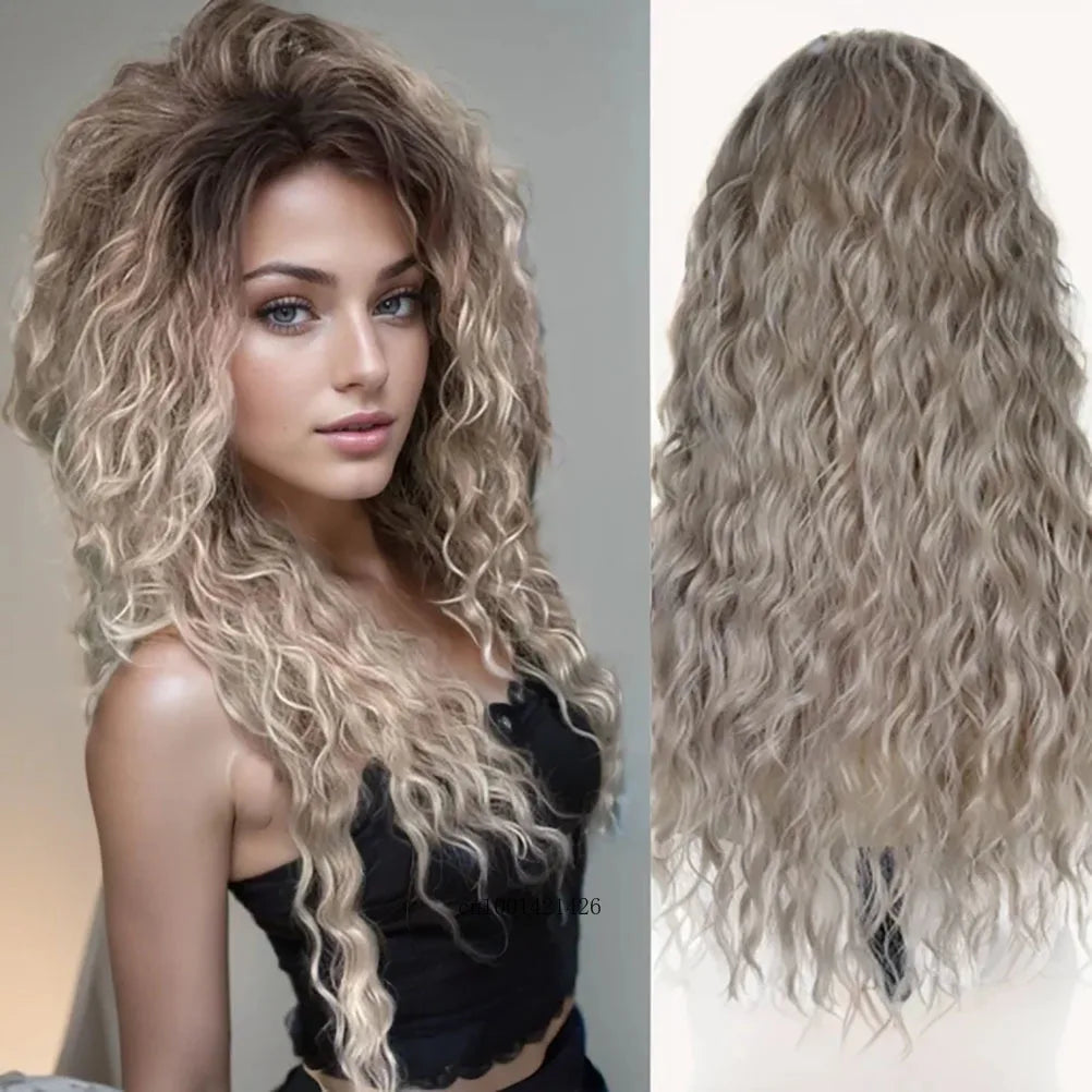 New Ash Blonde Wig Synthetic Long Curly Hair Wigs for Women Fluffy Wave Ombre Wig Costume Carnival Party Regular Cur Wig 26 Inch
