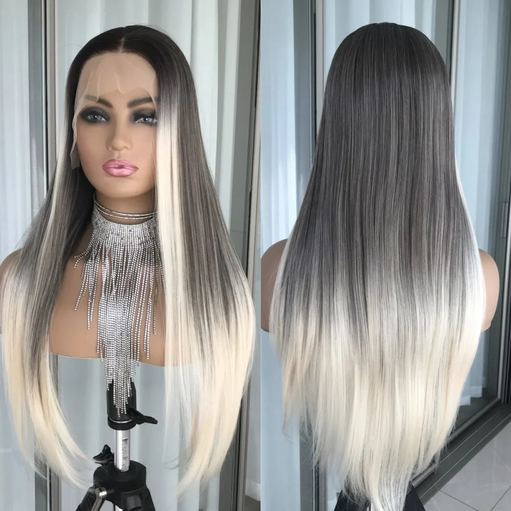 Highlight Blonde Platinum Straight Lace Front Wig Synthetic Hair for Women 13x4” Lace Frontal Wig Pre Plucked Blonde Colored Wig