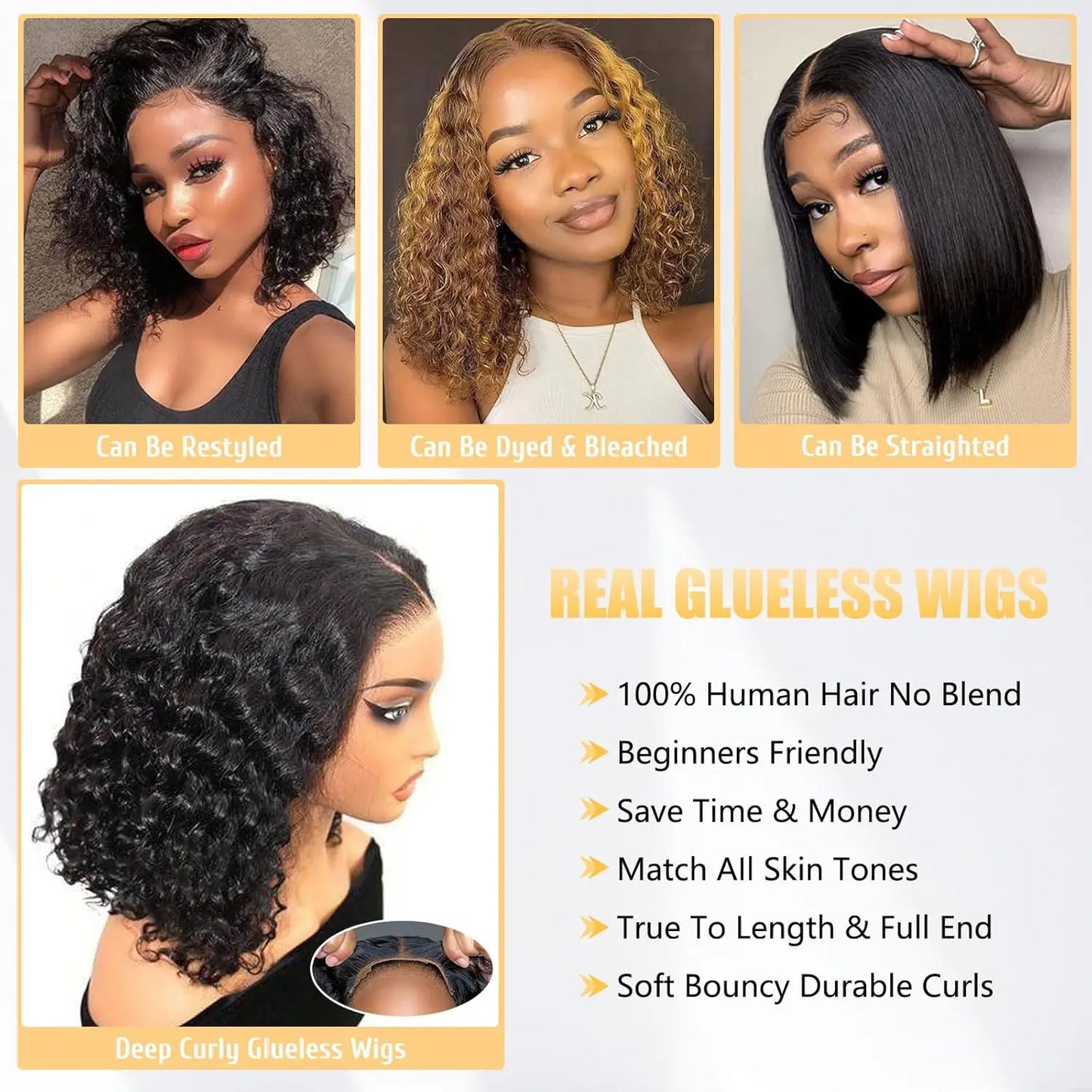 Short Bob Glueless Wigs Deep Wave Glueless Human Hair Ready To Wear 180% Pre Cut Lace 4x4 13x4 Culry Lace Front Human Hair Black